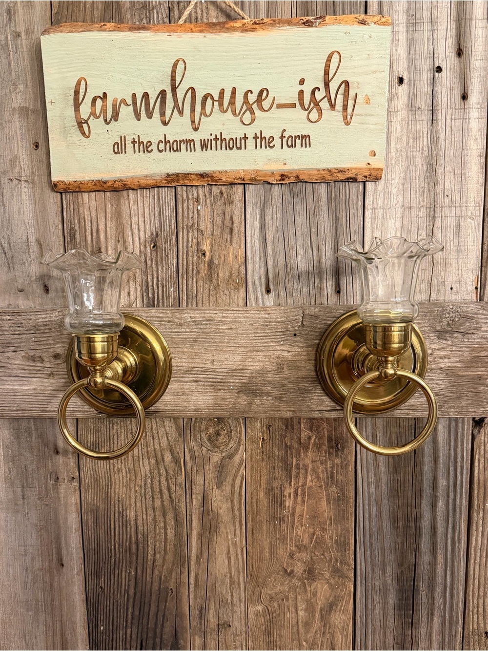 Pair of vintage brass colonial ring wall sconces with ruffled votive cups